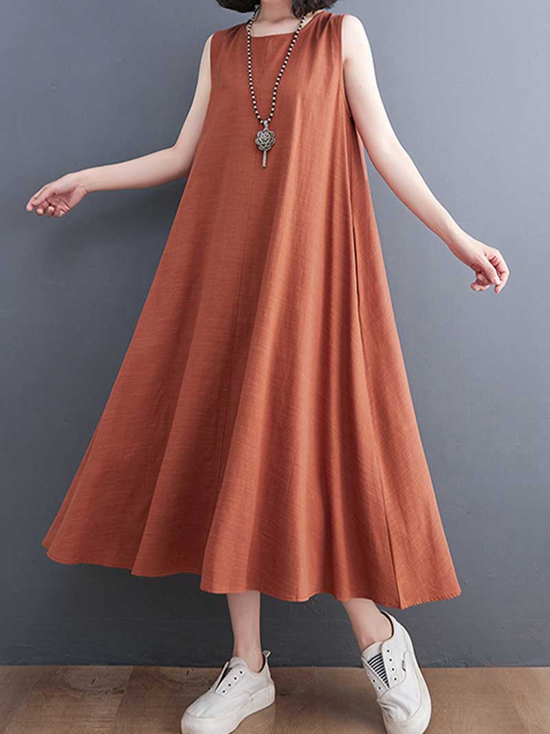 Plain Cotton Round Neck Sleeveless Midi Dress - Image 6