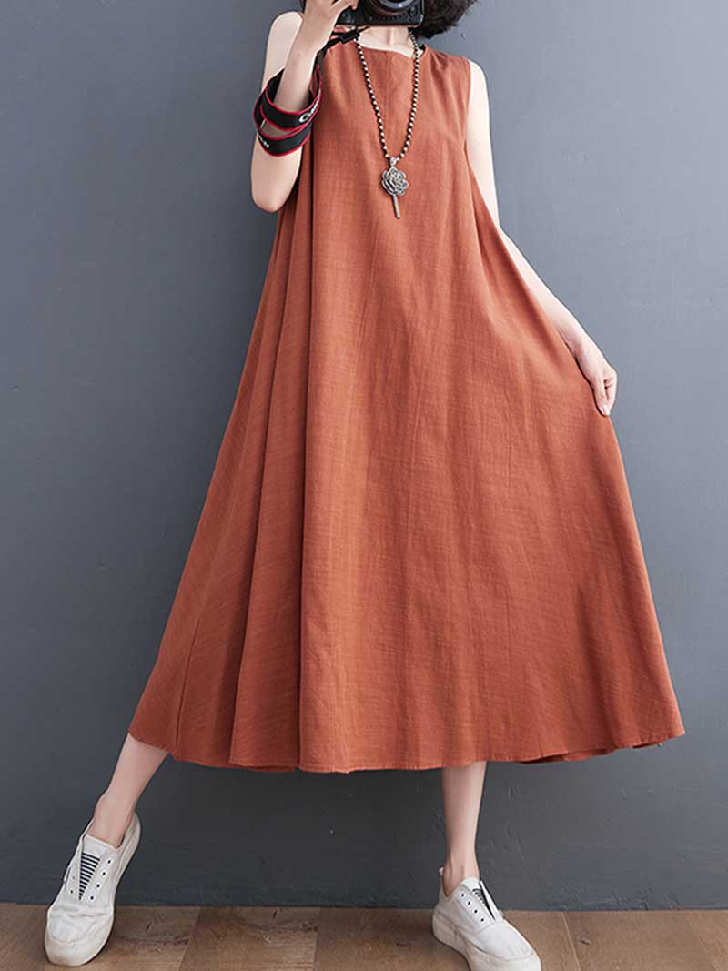 Plain Cotton Round Neck Sleeveless Midi Dress - Image 7