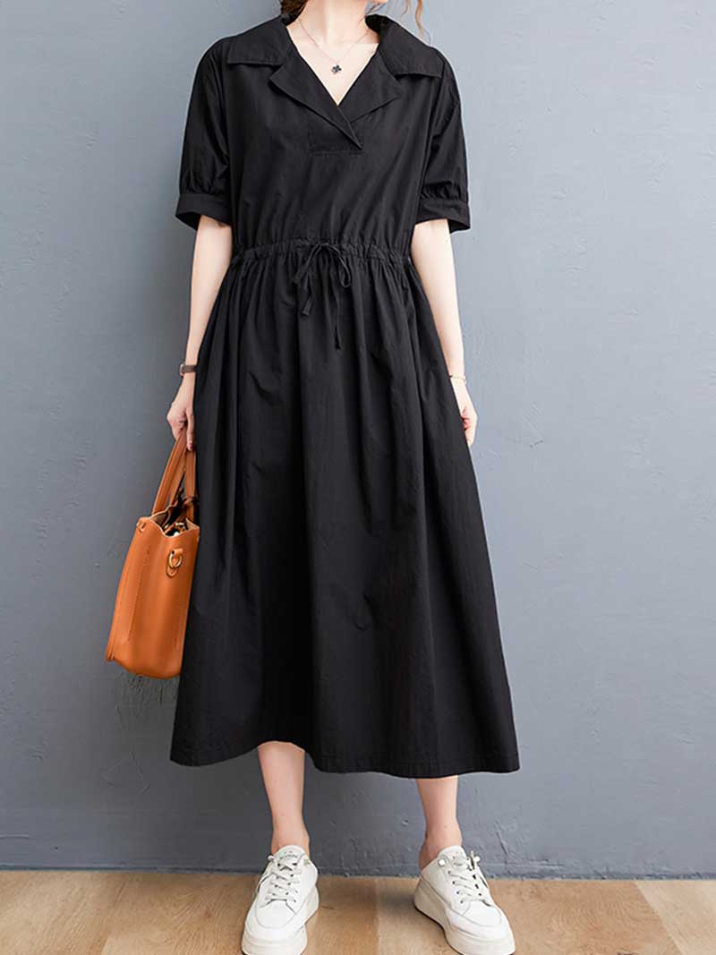 Plain Cotton Short Sleeve A-Line Dress - Image 2