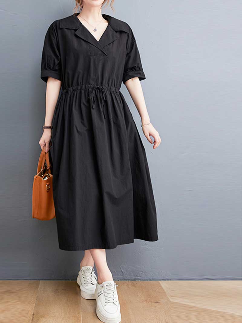Plain Cotton Short Sleeve A-Line Dress - Image 4