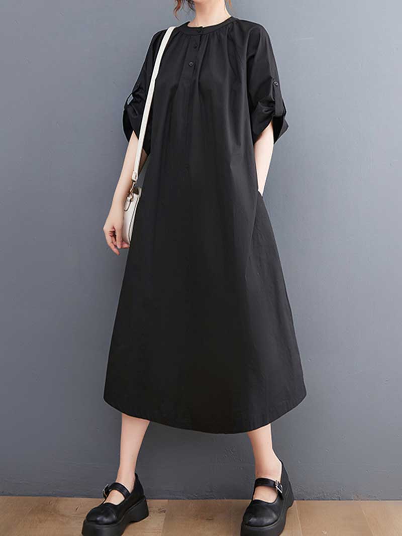 Plain Cotton Short Sleeve A-Line Dress - Image 6