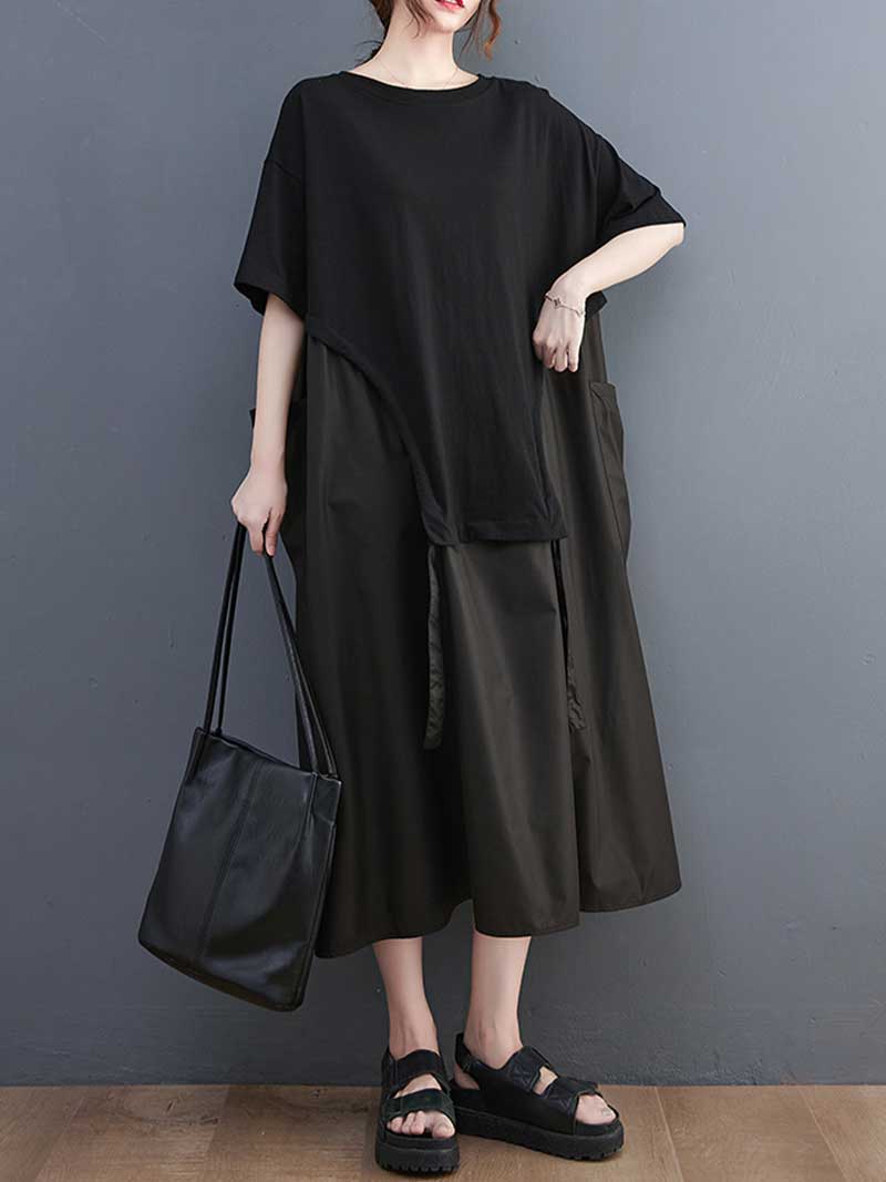 Plain Cotton Short Sleeve Pocket Style Midi Dress - Image 5