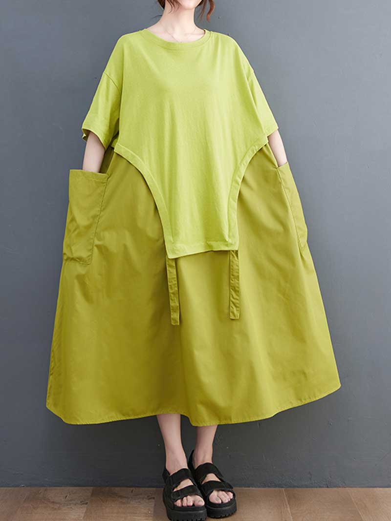 Plain Cotton Short Sleeve Pocket Style Midi Dress - Image 6