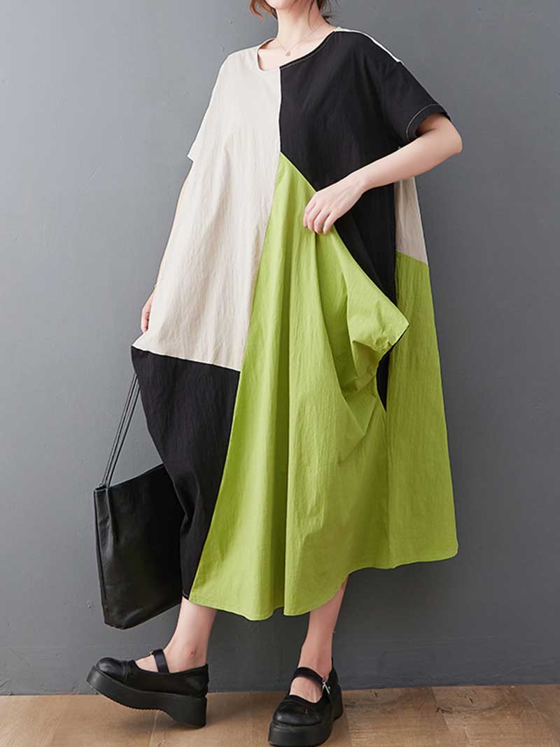 Plain Cotton Short Sleeves A-Line Dress - Image 3