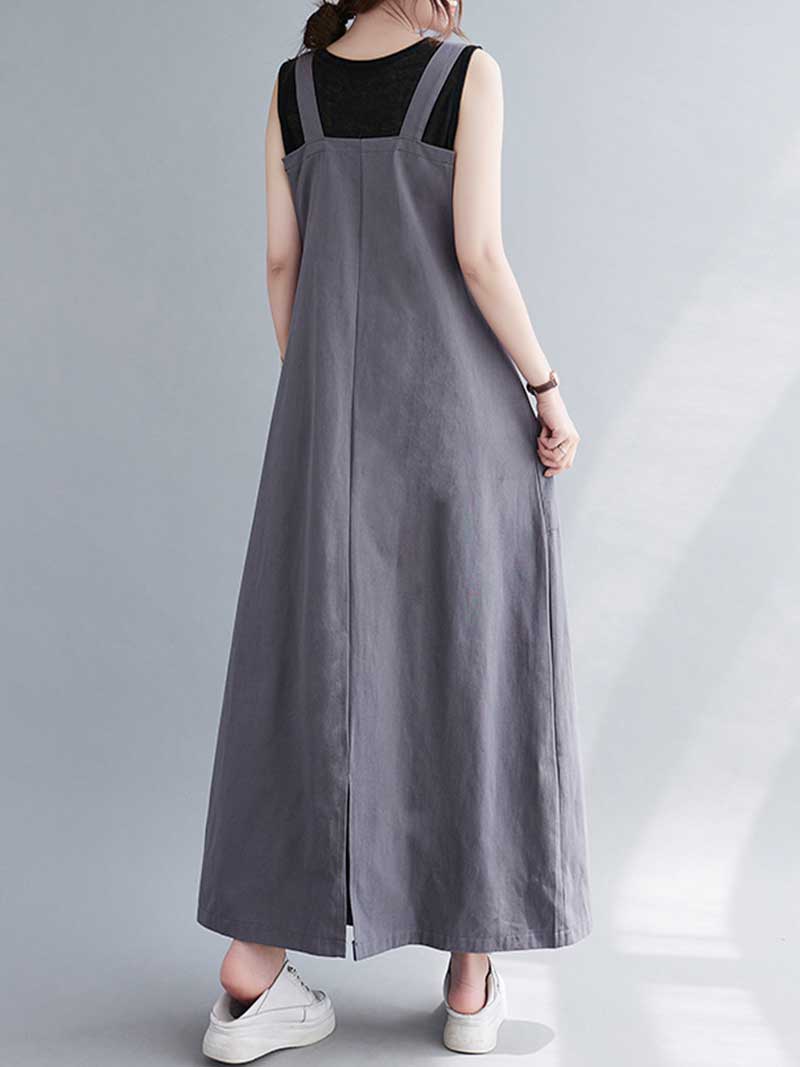 Plain Cotton Sleeveless Pocket Style Salopette Dress - Image 2