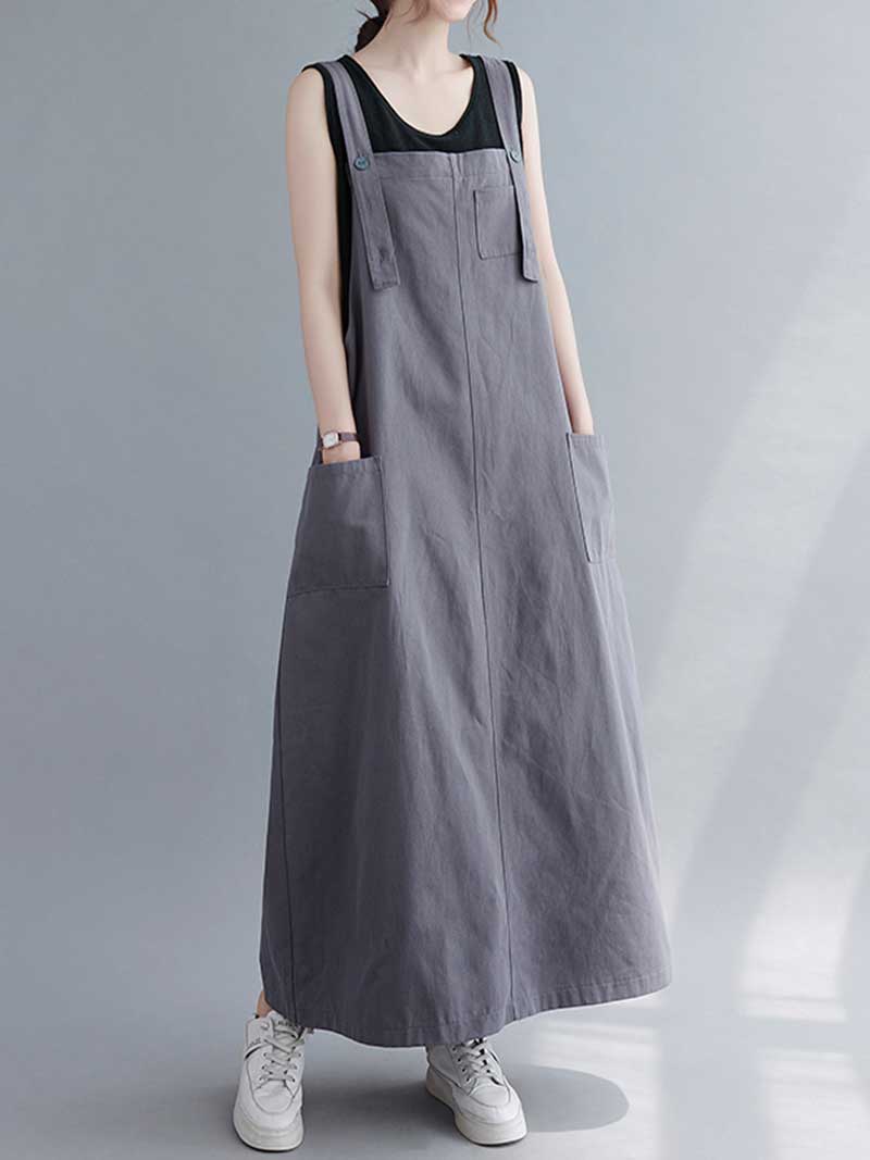 Plain Cotton Sleeveless Pocket Style Salopette Dress - Image 3
