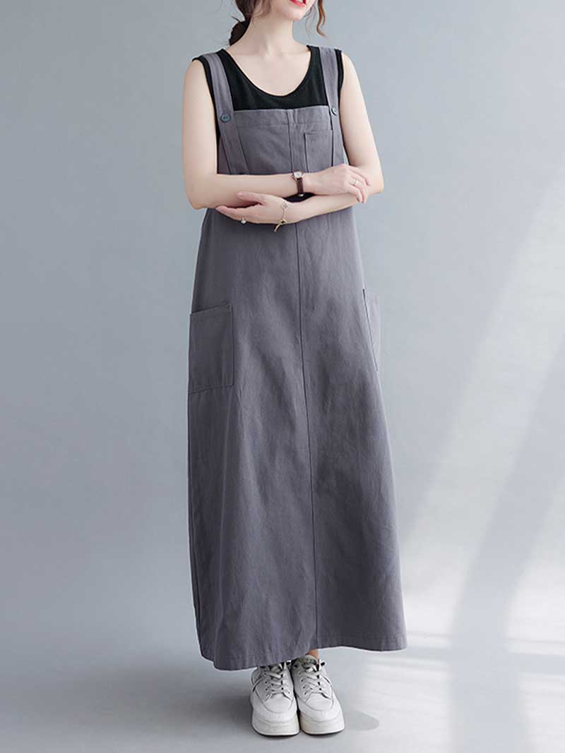 Plain Cotton Sleeveless Pocket Style Salopette Dress - Image 4