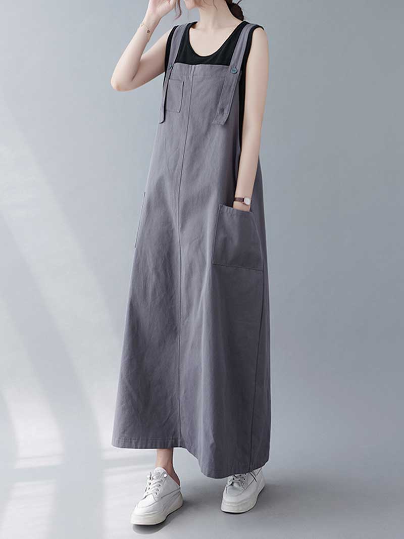 Plain Cotton Sleeveless Pocket Style Salopette Dress - Image 5