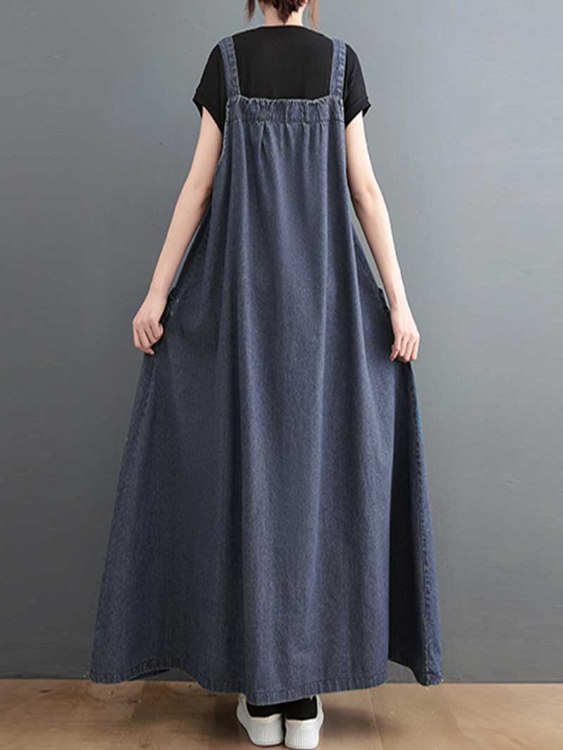 Plain Denim Salopette Overall A-Line Dress - Image 2