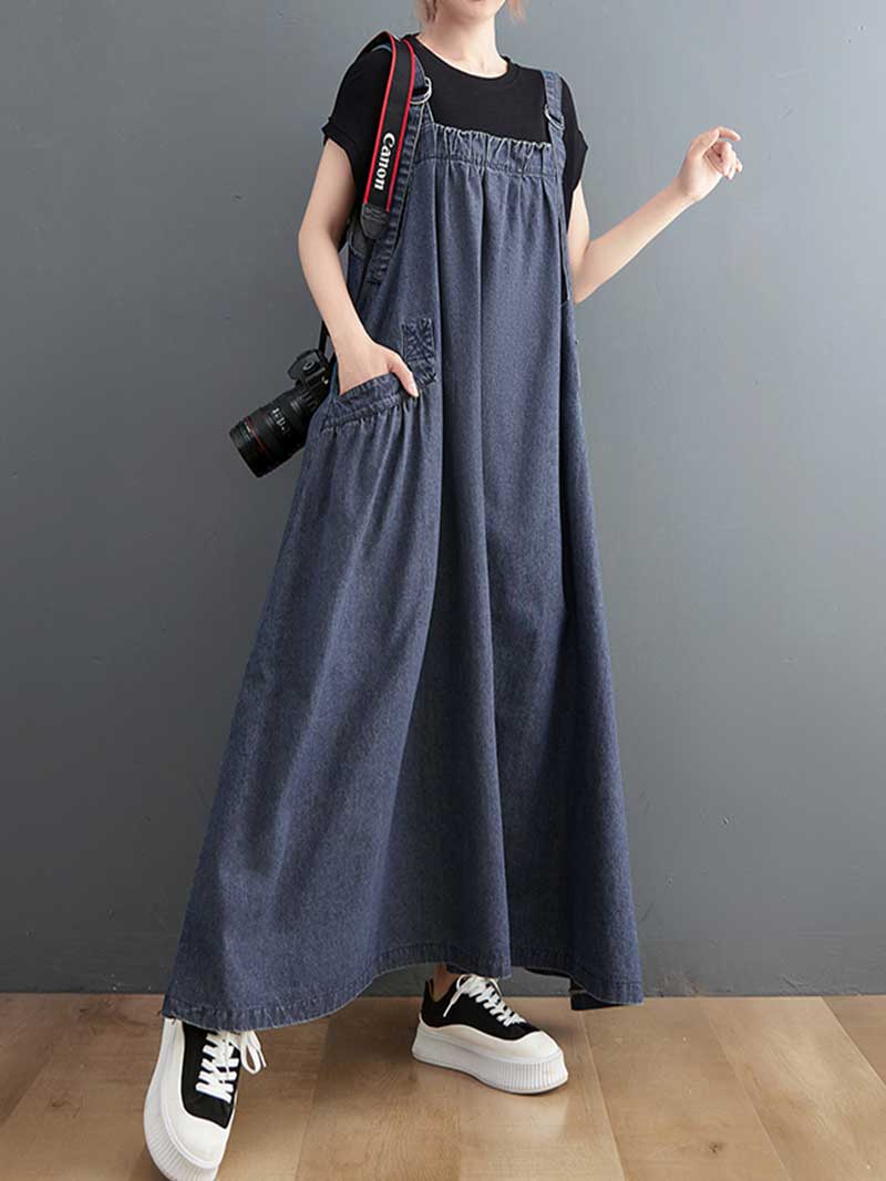 Plain Denim Salopette Overall A-Line Dress - Image 5