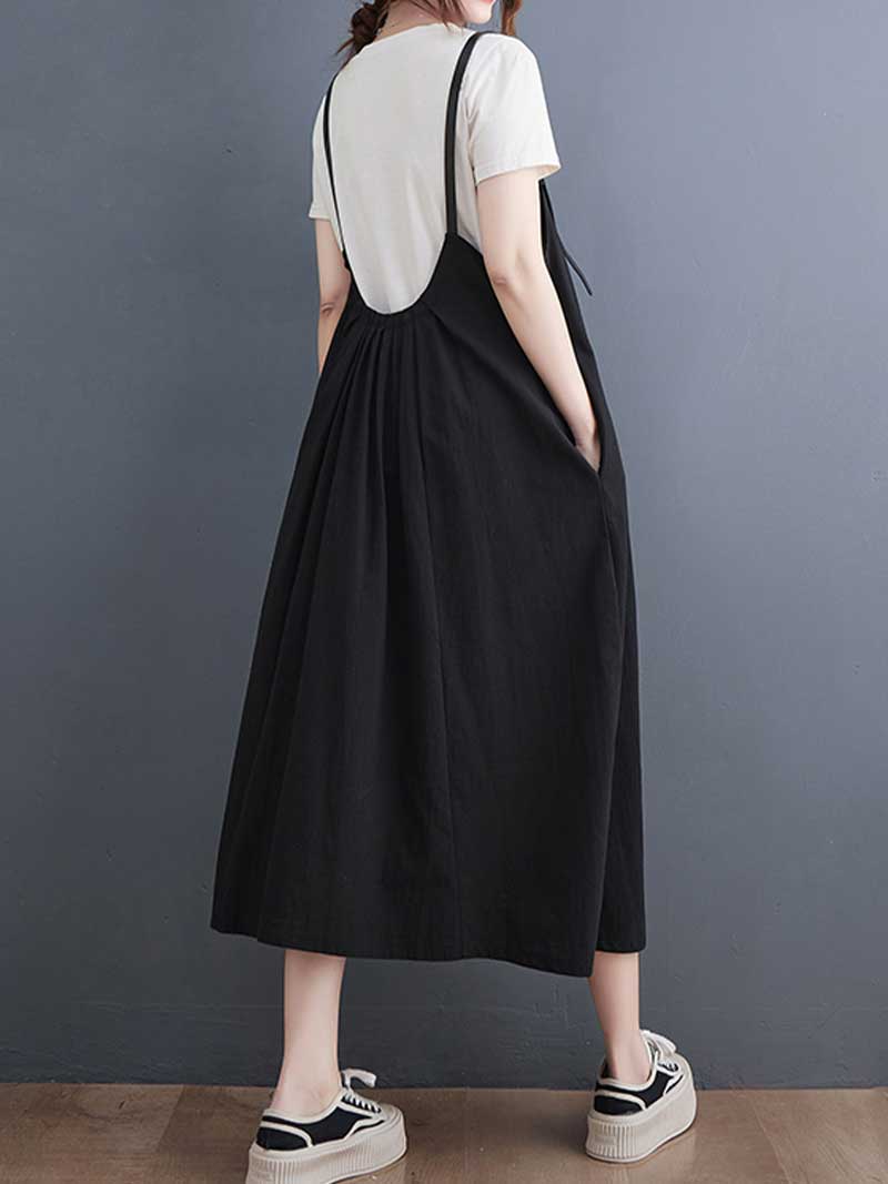 Plain Green Black Hemp Material Salopette Dress - Image 4