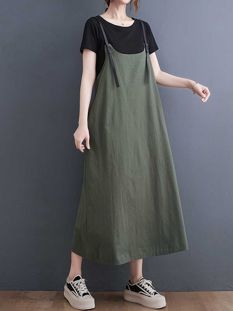 Plain Green Black Hemp Material Salopette Dress - Image 5