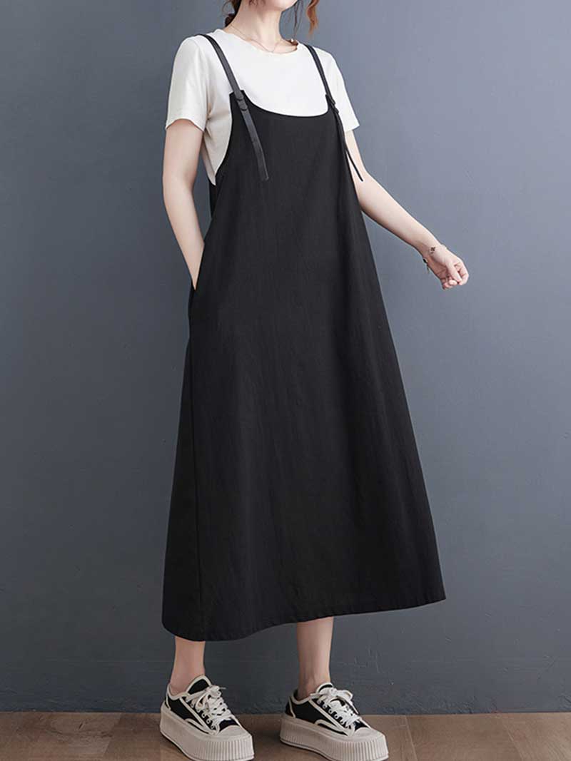 Plain Green Black Hemp Material Salopette Dress - Image 7