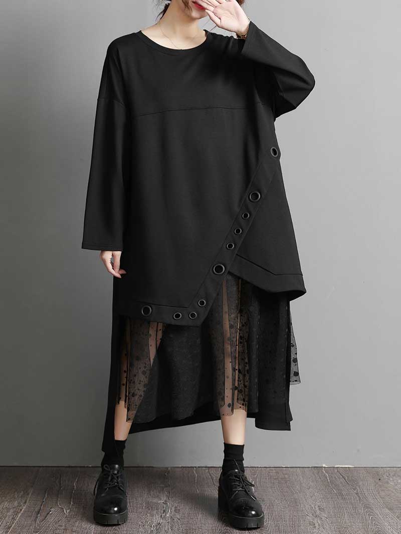 Plain Stylish Cotton Round-Neck Midi Dress - Image 3