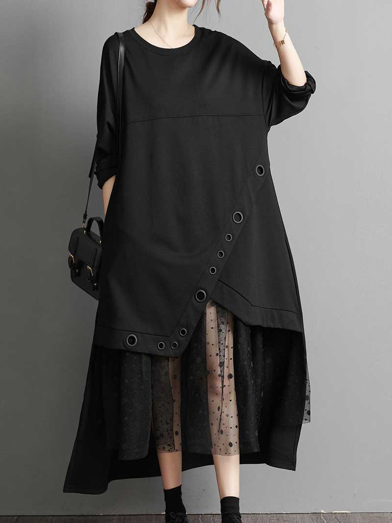 Plain Stylish Cotton Round-Neck Midi Dress - Image 7