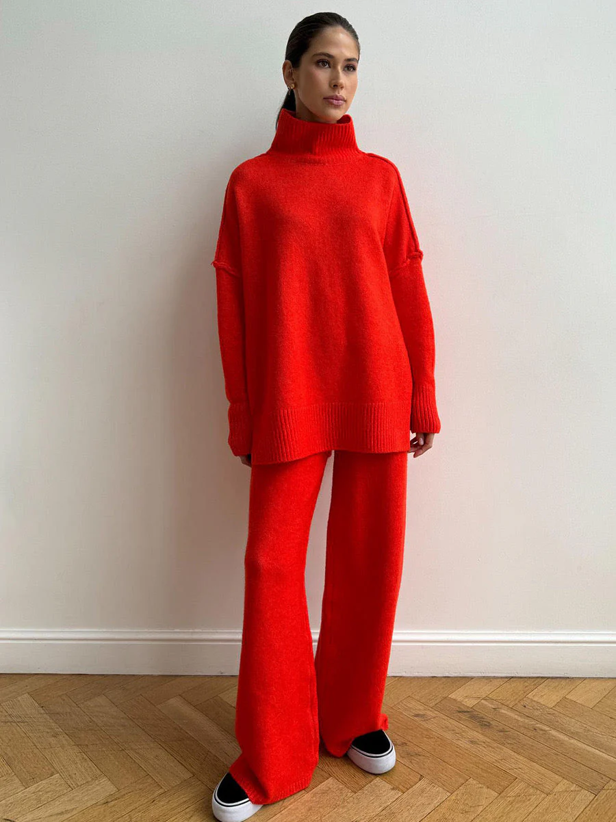 Plain Turtleneck Knit Pants Set - Image 11