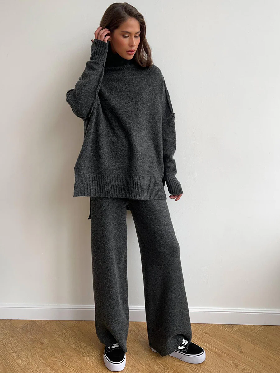 Plain Turtleneck Knit Pants Set - Image 13