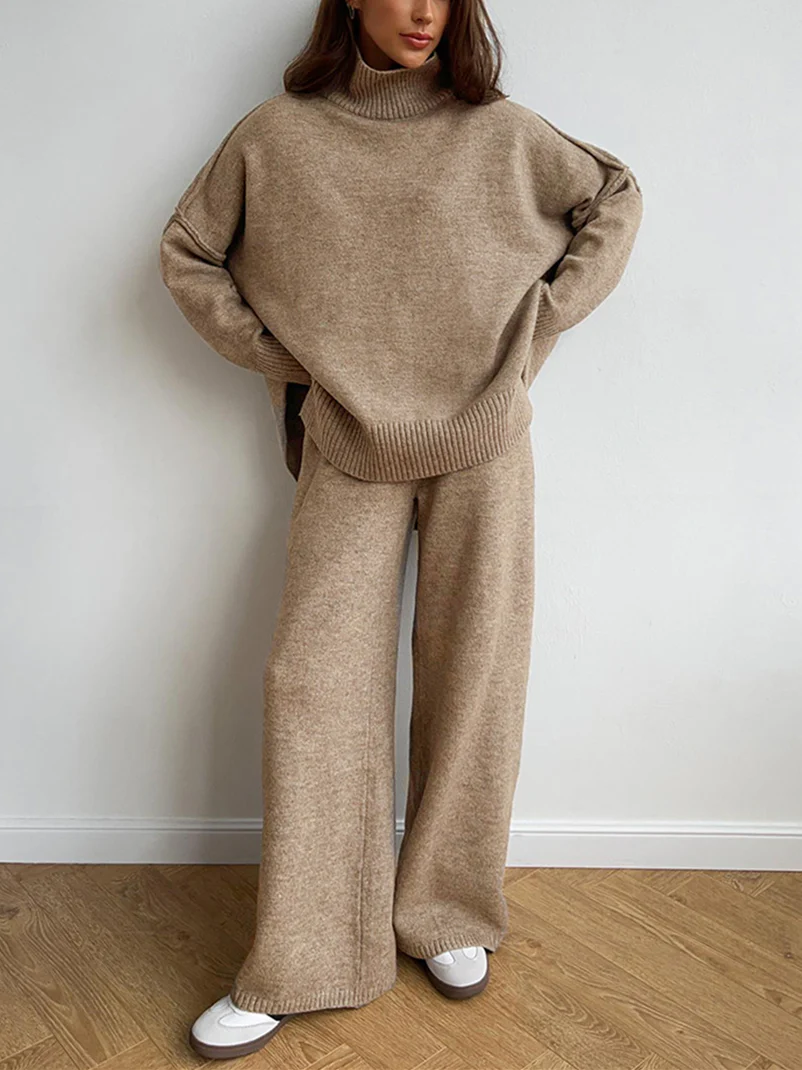 Plain Turtleneck Knit Pants Set - Image 19
