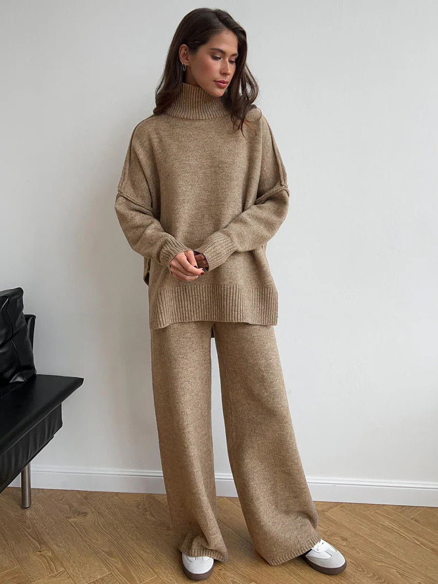 Plain Turtleneck Knit Pants Set - Image 20
