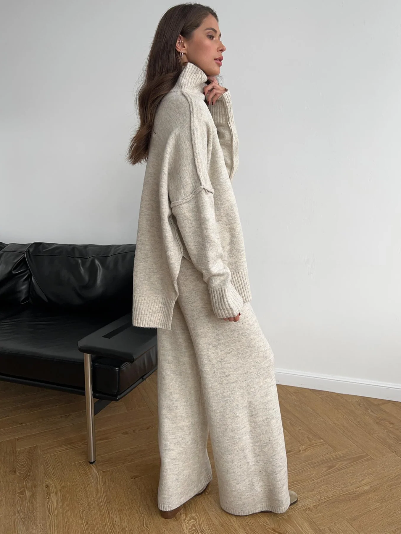 Plain Turtleneck Knit Pants Set - Image 4