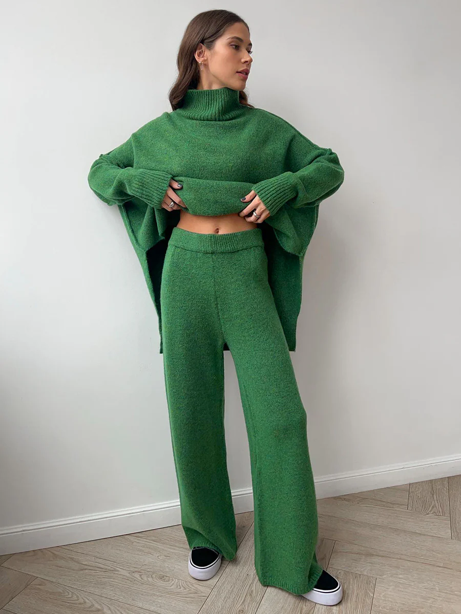 Plain Turtleneck Knit Pants Set - Image 7