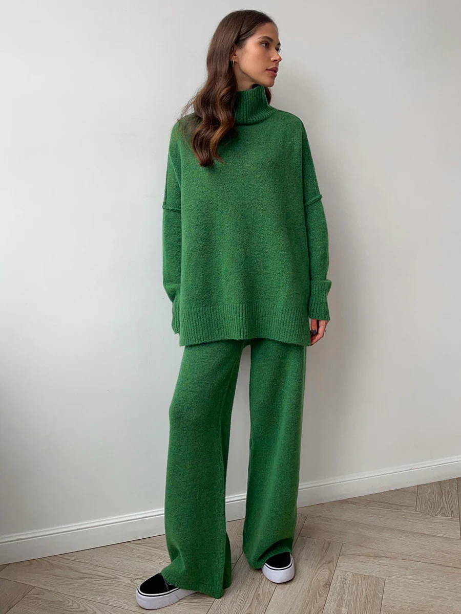 Plain Turtleneck Knit Pants Set - Image 8