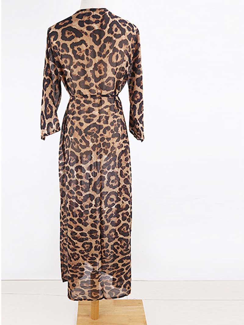 Leopard Print Leopard Color Chiffon Long Length Gown Kimono Duster Robe - Image 2