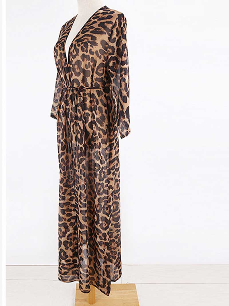 Leopard Print Leopard Color Chiffon Long Length Gown Kimono Duster Robe - Image 3