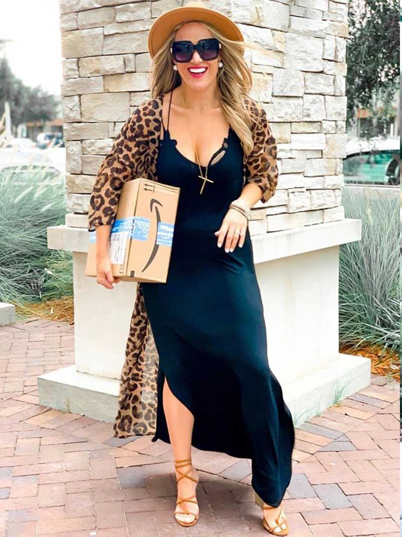 Leopard Print Leopard Color Chiffon Long Length Gown Kimono Duster Robe - Image 4