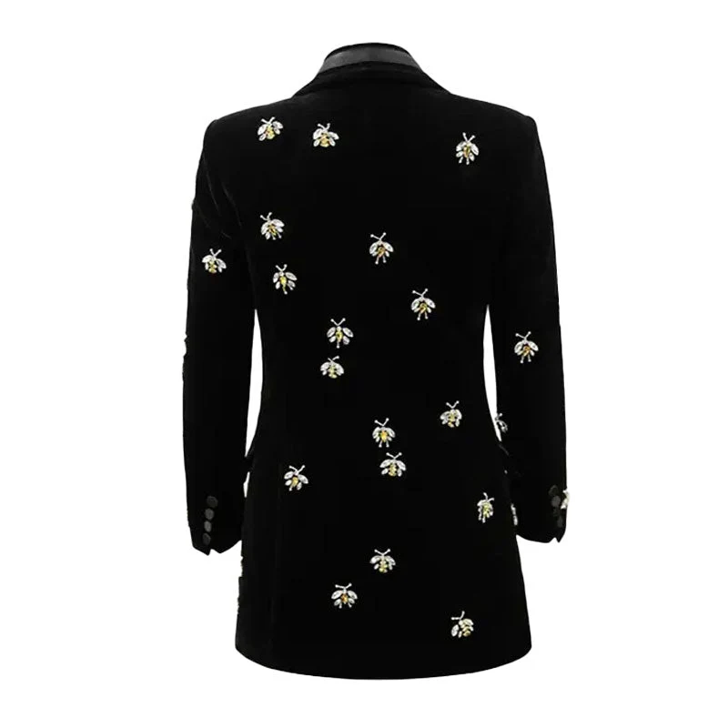 Playful Crystal Bee Embellished Lapel Single Breasted Long Tailored Velvet Blazer - Image 2