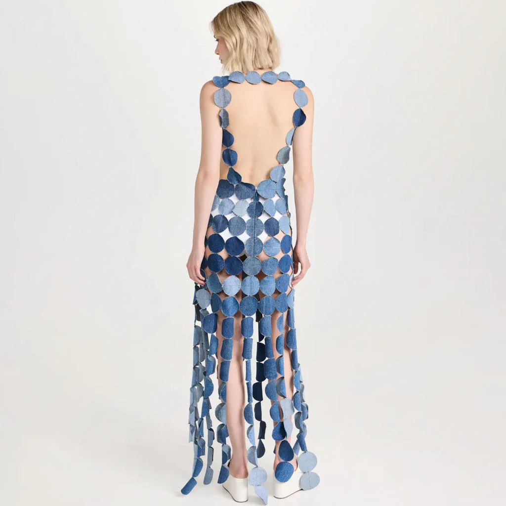 Playful Lacer Cut Circle CutOut Sleeveless Denim Applique Maxi Fringe Dress - Image 4