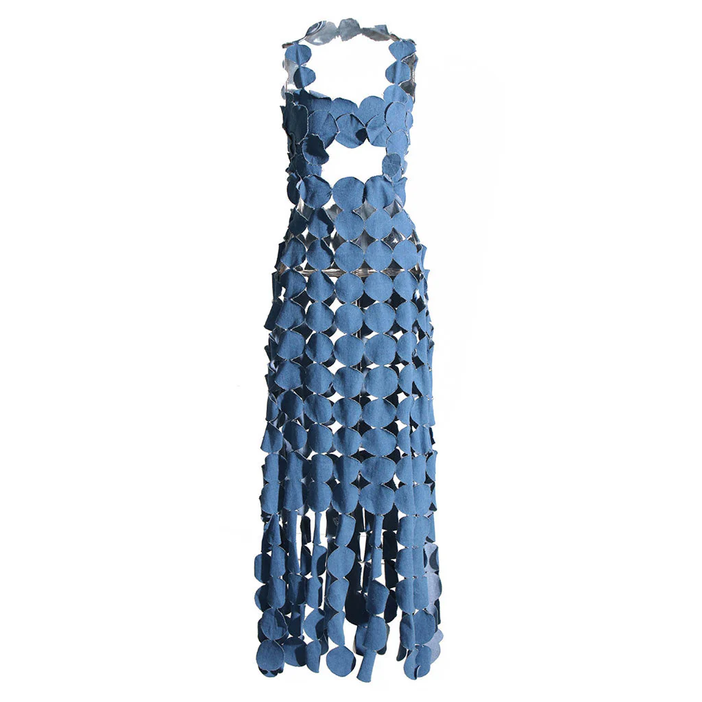 Playful Lacer Cut Circle CutOut Sleeveless Denim Applique Maxi Fringe Dress - Image 5