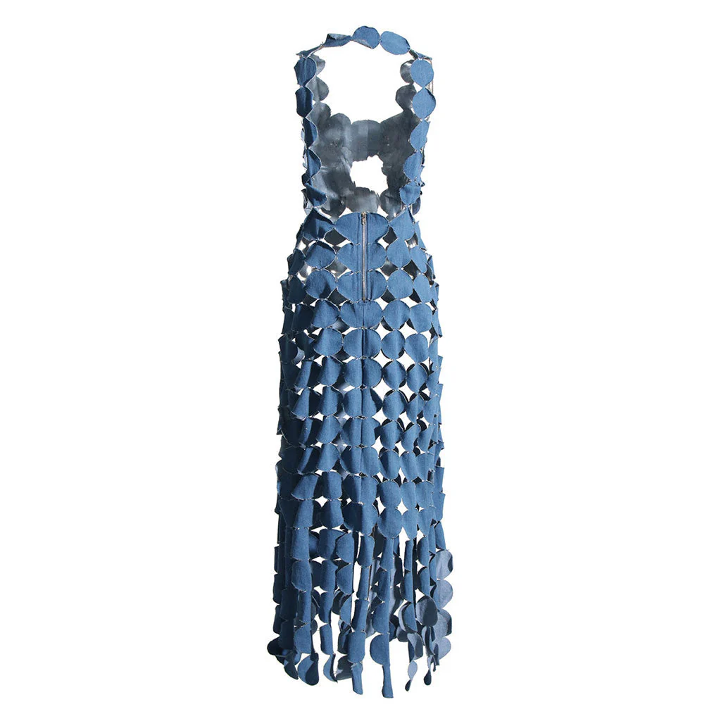 Playful Lacer Cut Circle CutOut Sleeveless Denim Applique Maxi Fringe Dress - Image 6