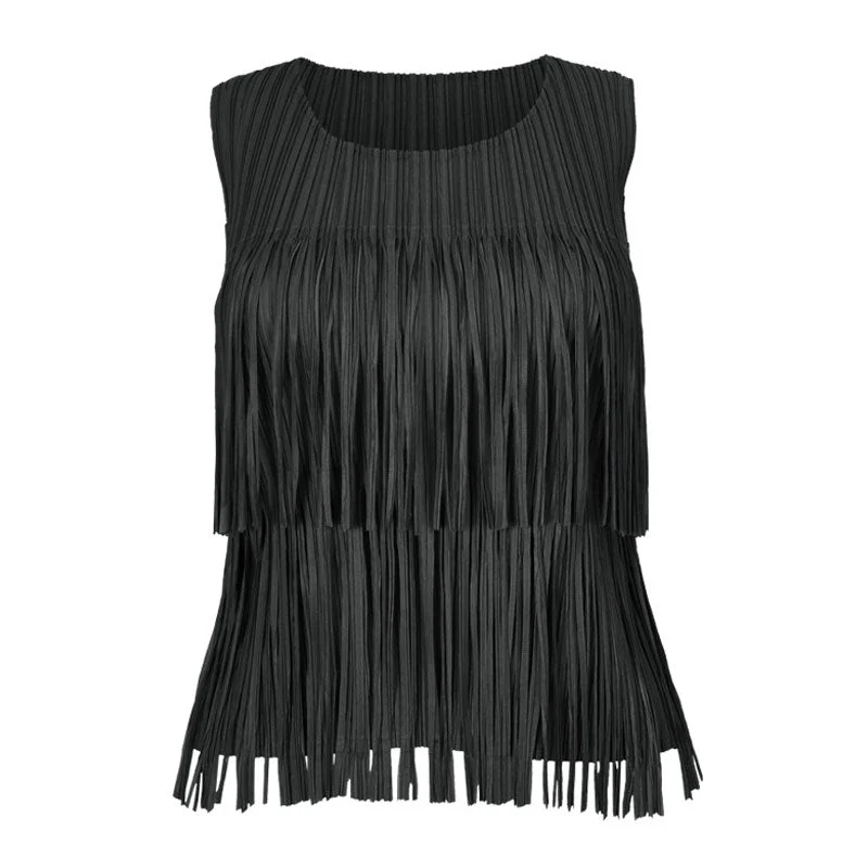 Playful Tiered Fringed Round Neck Monochrome Pleated Sleeveless Top - Image 2