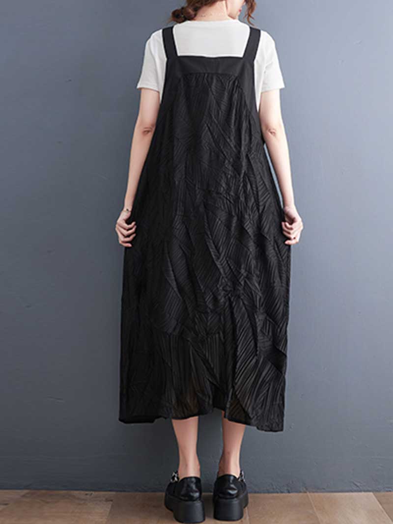 Pleated Cotton Black Color  Salopette Dress - Image 2