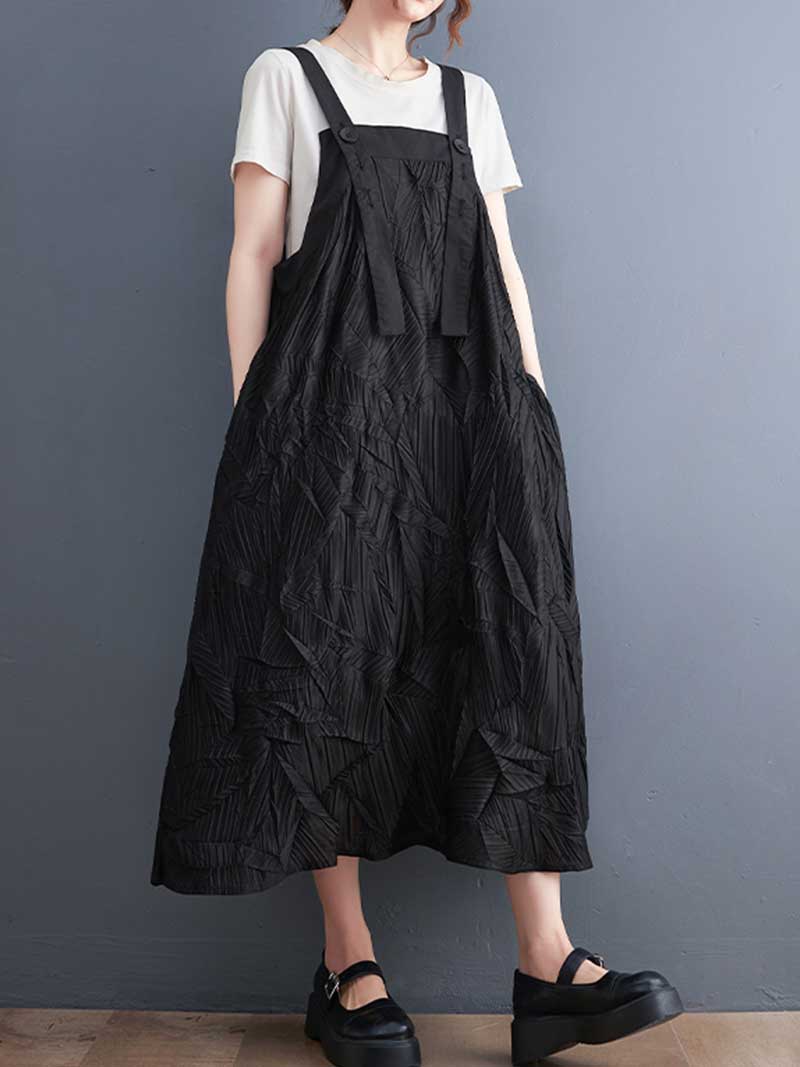 Pleated Cotton Black Color  Salopette Dress - Image 3