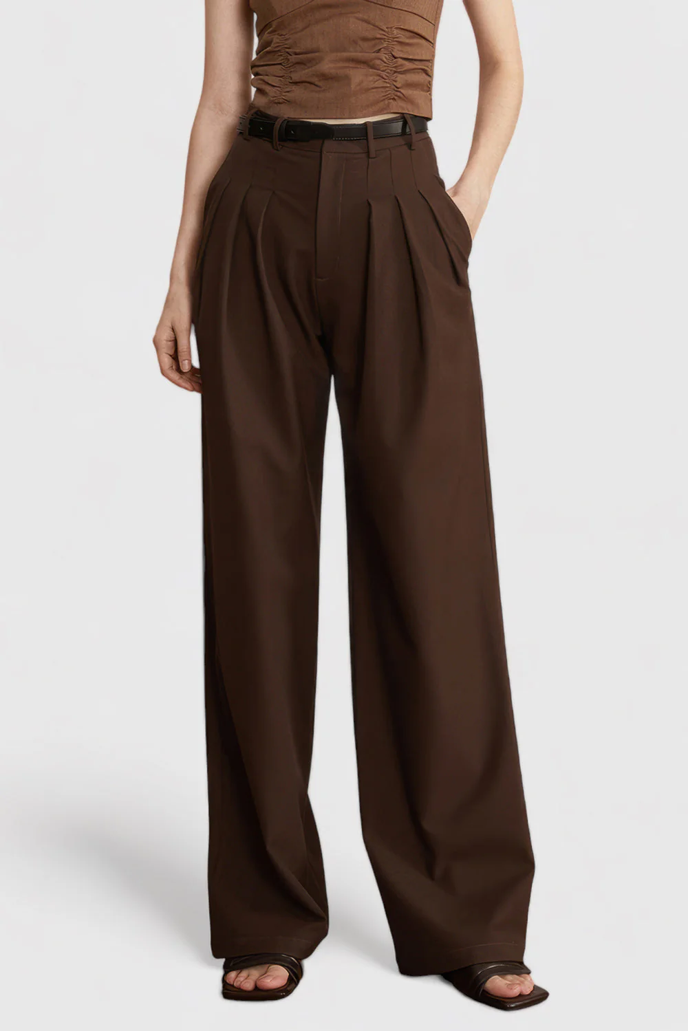 Pleated Full Length Trousers - Brown - Image 2
