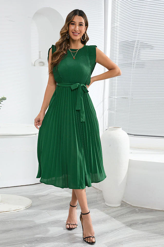 Pleated Hem Belted Midi Dress - Image 4