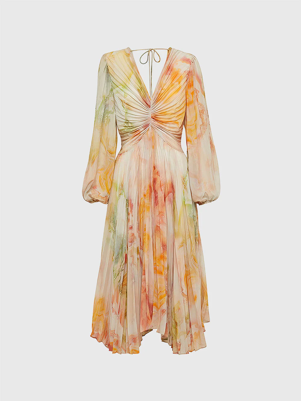 Pleated Midi Dress with V Neckline - Colorful - Image 2