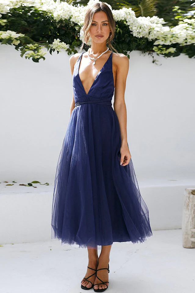 Plunging Neck Backless Mesh Midi Dress - Image 3