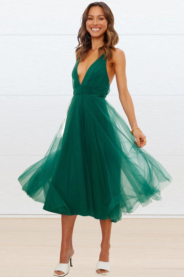 Plunging Neck Backless Mesh Midi Dress - Image 4