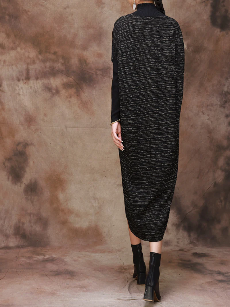 Plus Size Knitted Loose Bat Sleeve Stripe Midi Dress for Women - Image 10