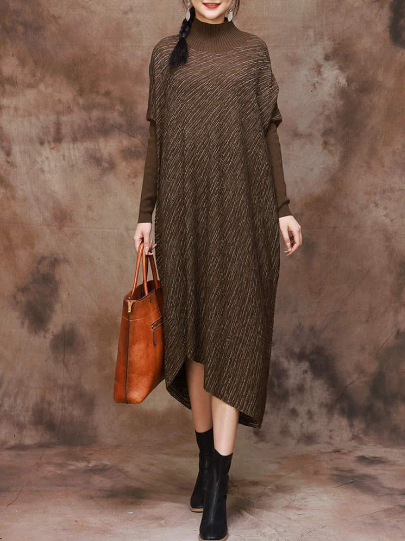 Plus Size Knitted Loose Bat Sleeve Stripe Midi Dress for Women - Image 2