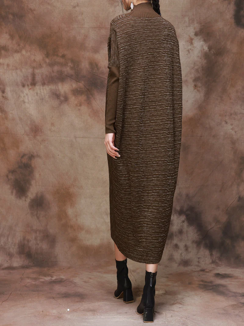 Plus Size Knitted Loose Bat Sleeve Stripe Midi Dress for Women - Image 3