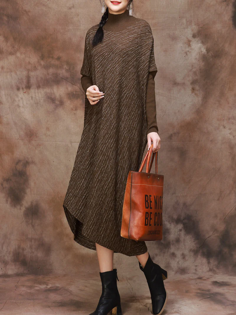 Plus Size Knitted Loose Bat Sleeve Stripe Midi Dress for Women - Image 4