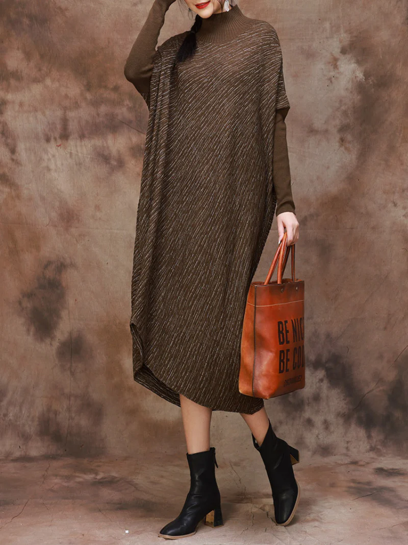Plus Size Knitted Loose Bat Sleeve Stripe Midi Dress for Women - Image 5