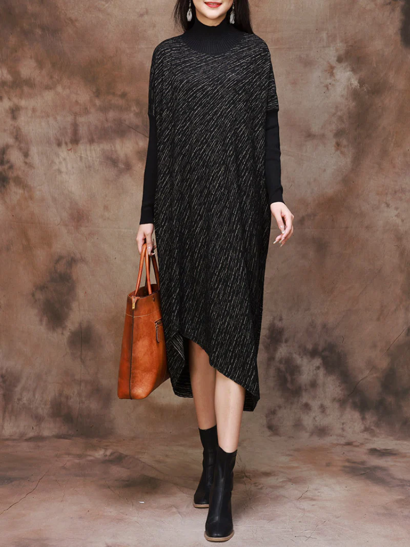Plus Size Knitted Loose Bat Sleeve Stripe Midi Dress for Women - Image 9