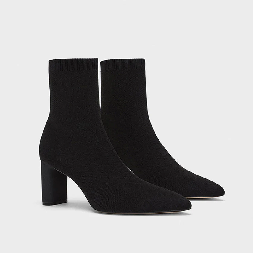 Elegant Pointed Toe Chunky Heel Mid Calf Sock Boots - Black - Image 2