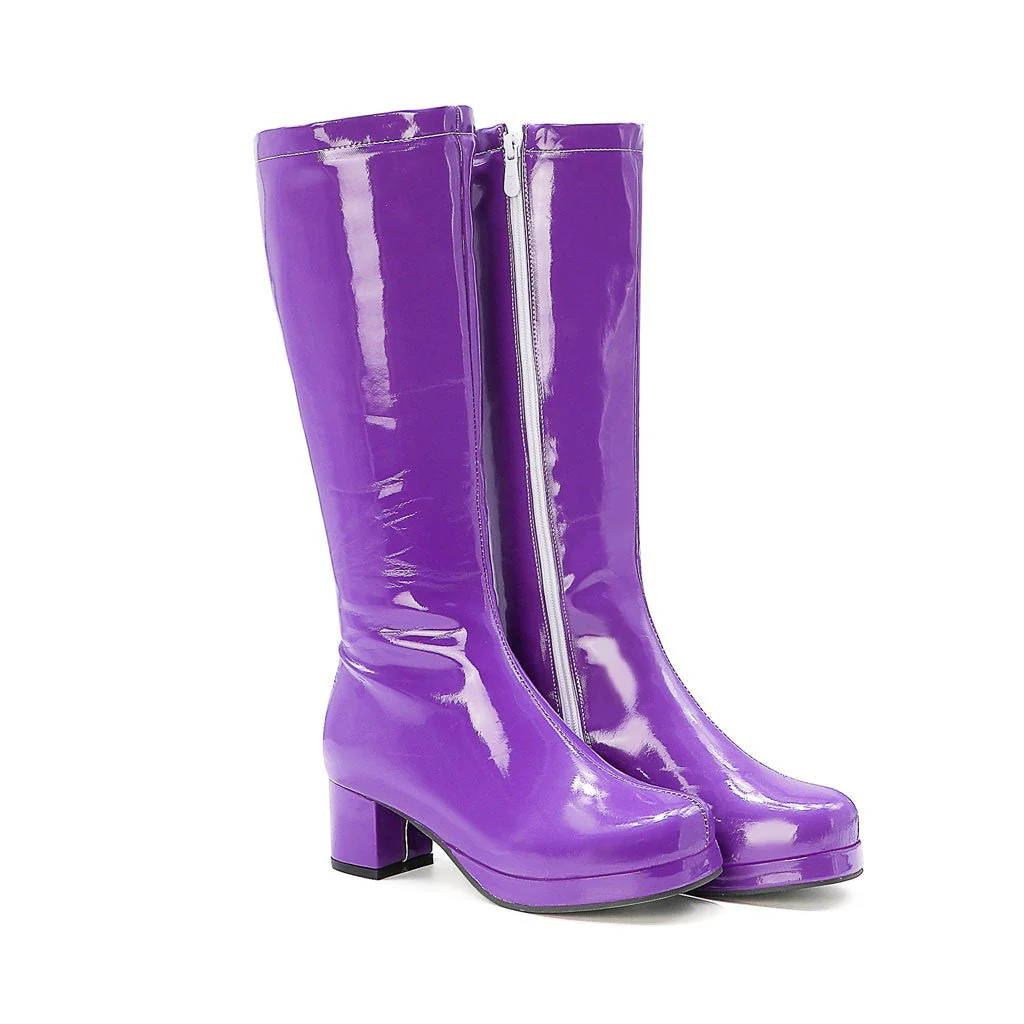 Polished Round Toe Platform Chunky Heel Mid Calf Boots - Purple - Image 2