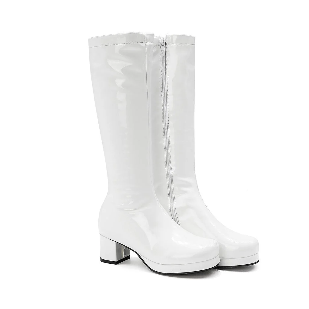 Polished Round Toe Platform Chunky Heel Mid Calf Boots - White - Image 2